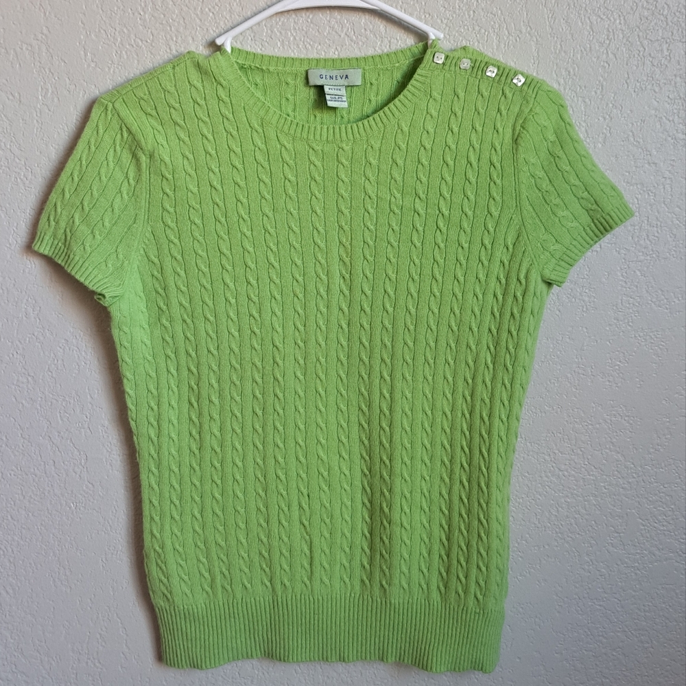 Womans 100% Cashmere Green Cable Knit Crew Neck Short Sleeve Sweater Size PS